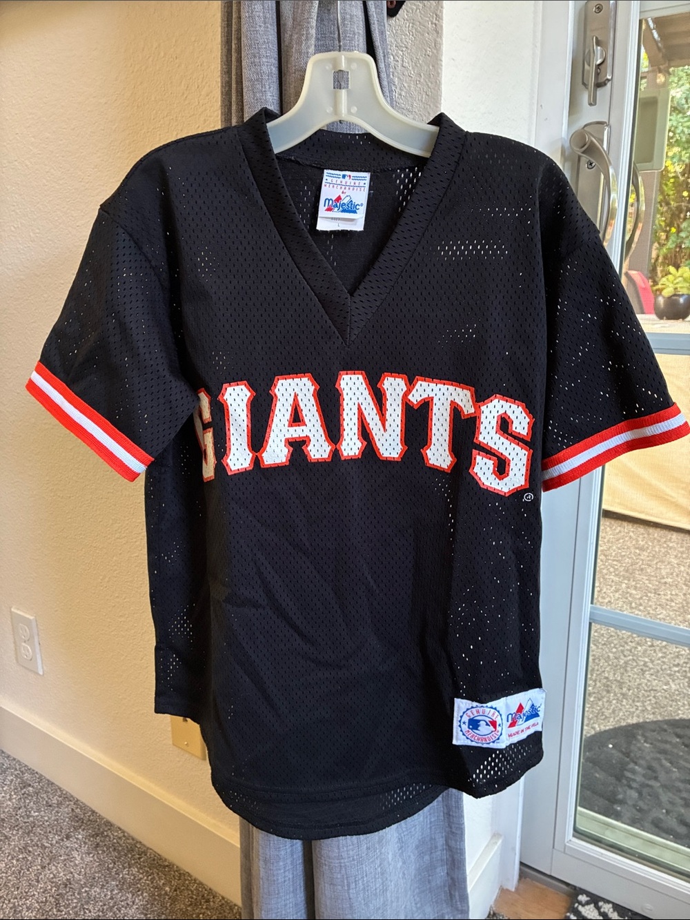Majestic Black Kids Giants Mesh V-Neck Jersey with Red and White Trim